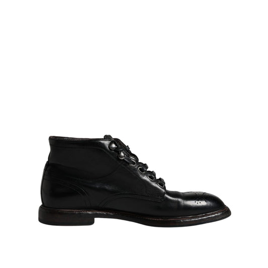 Dolce & Gabbana Black Leather Men Short Boots Lace Up Shoes