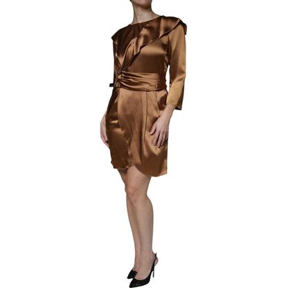 Emporio Armani Brown Satin Long Sleeves Wrap Sheath Mini Dress
