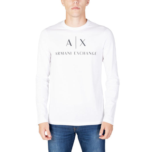 Man wearing Armani Exchange White Cotton Long Sleeve shirt with logo, designed for comfort and style, ideal for cooler seasons.