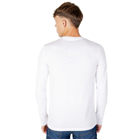 Back view of Armani Exchange White Cotton Long Sleeve shirt worn by a man, showcasing its comfortable fit and premium material.