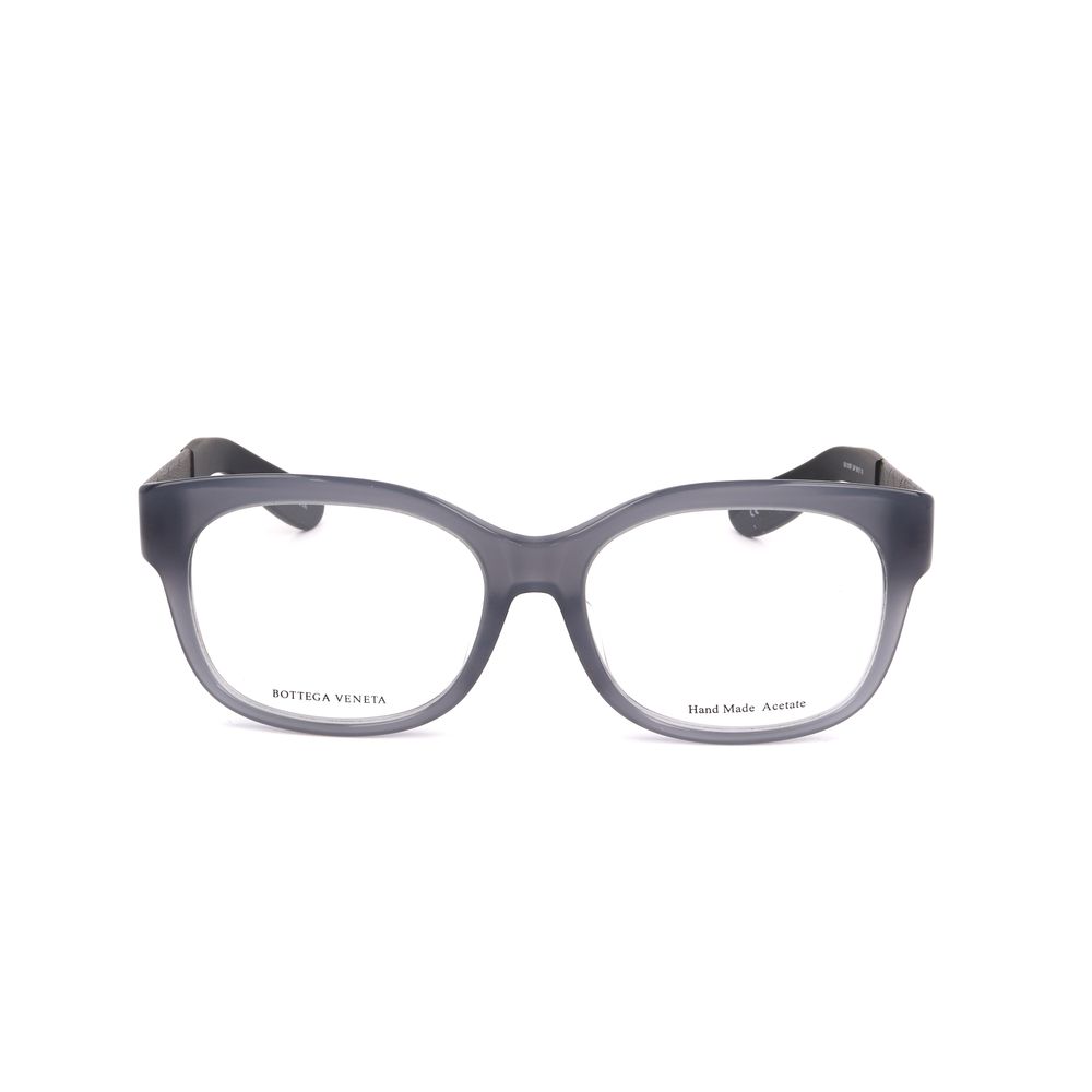 Front view of Bottega Veneta Multicolor Acetate Frames in grey with brown and black leather accents, measuring 54/17/145 mm.