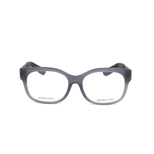 Front view of Bottega Veneta Multicolor Acetate Frames in grey with brown and black leather accents, measuring 54/17/145 mm.