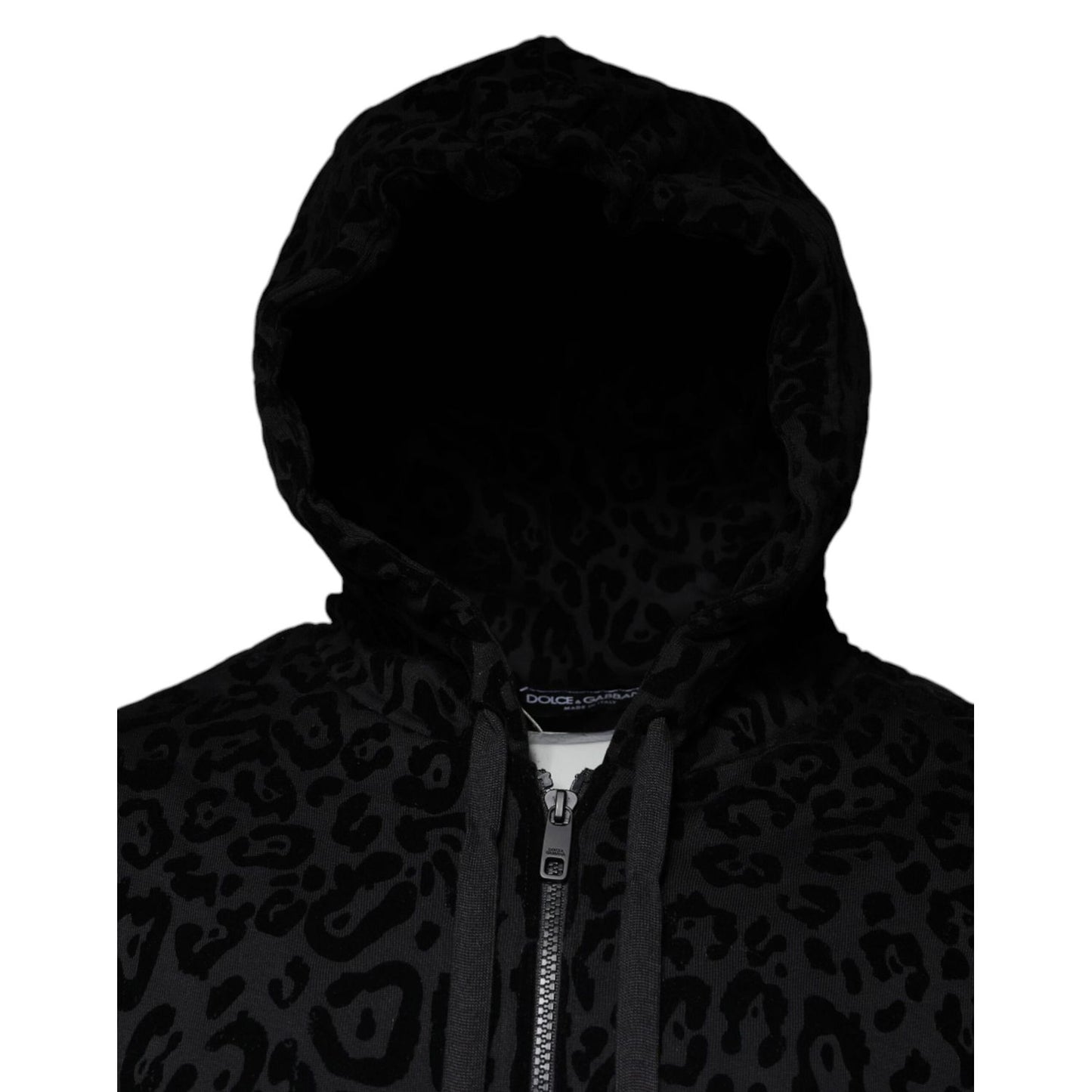 Dolce & Gabbana Black Leopard Cotton Hooded Full Zip Sweater
