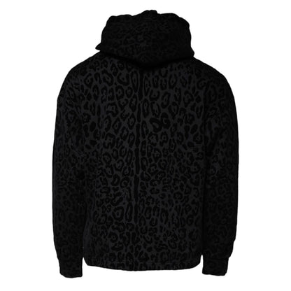 Dolce & Gabbana Black Leopard Cotton Hooded Full Zip Sweater