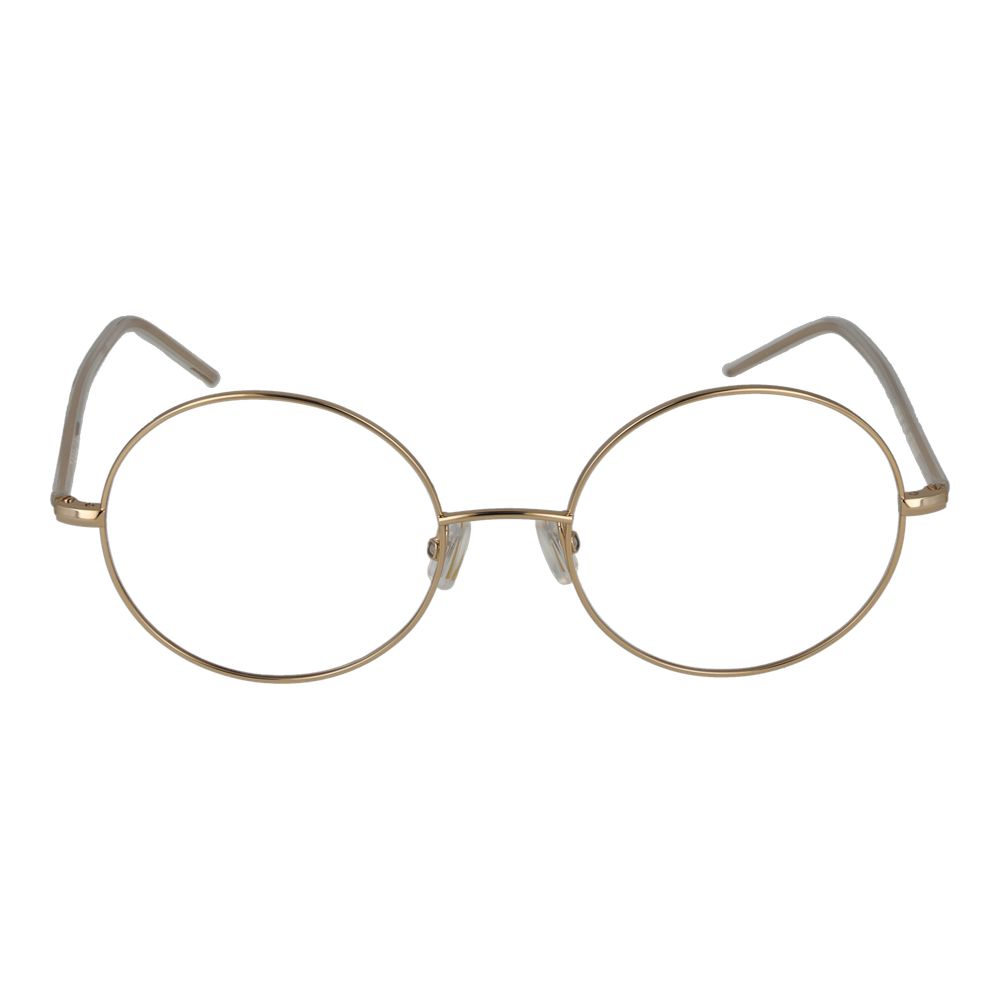 Hugo Boss Gold Women Glasses Frame, full-rim round style, titanium material, gold color, featuring demo plastic lenses.