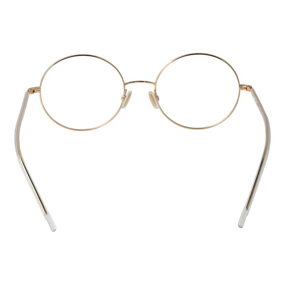 Hugo Boss Gold Women Glasses Frame in round full-rim style, gold titanium material, with demo lenses, includes branded case.