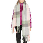 Woman wearing Only Gray Recycled Polyester Scarf with checkered design, showcasing its style and sustainability.