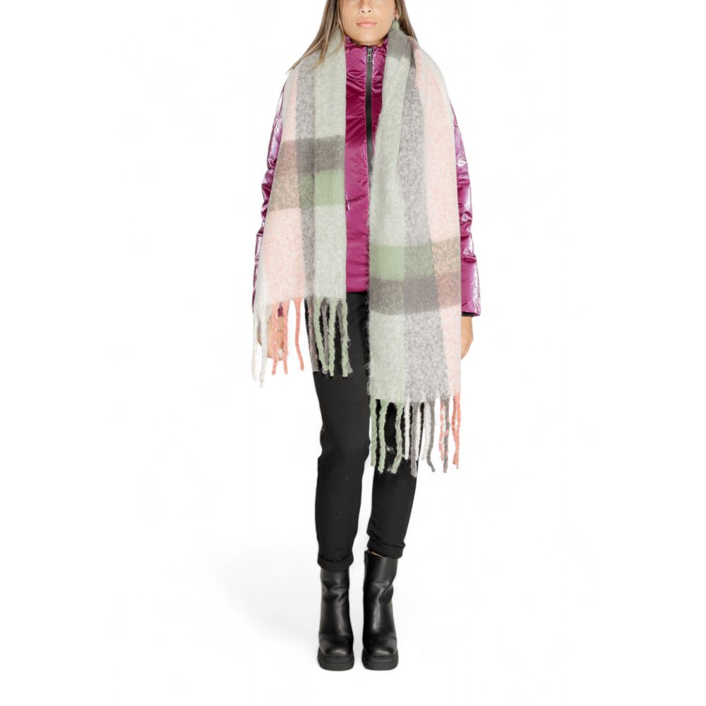 Woman wearing Only Gray Recycled Polyester Scarf with checkered design