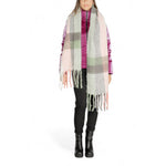Woman wearing Only Gray Recycled Polyester Scarf with checkered design