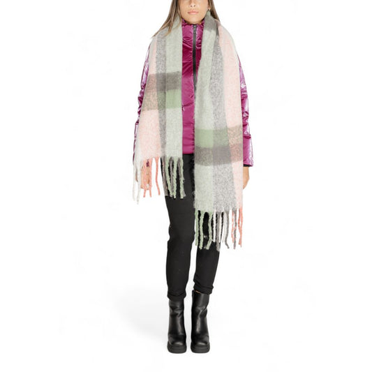 Woman wearing Only Gray Recycled Polyester Scarf with checkered design
