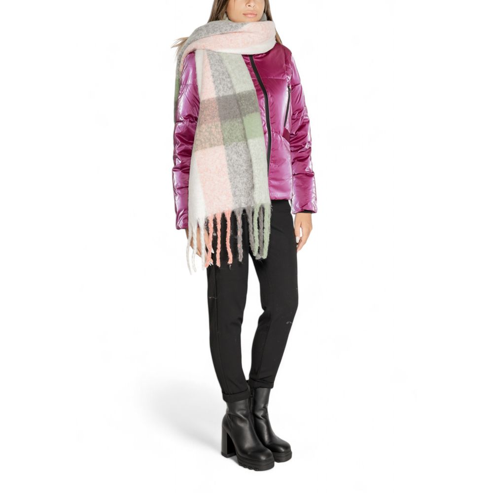 Woman wearing Only Gray Recycled Polyester Scarf with checkered design, a sustainable and stylish accessory for any outfit.