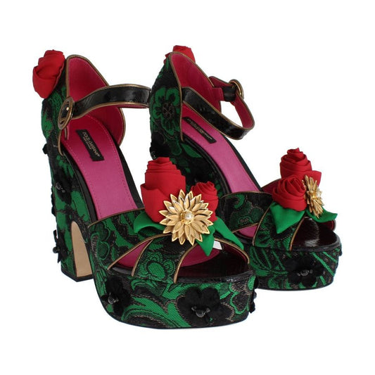 Dolce & Gabbana Green Brocade Snakeskin Roses Crystal Shoes SIG17579-1