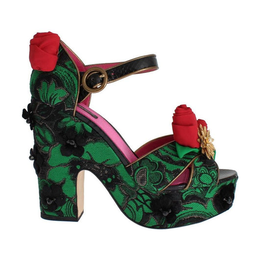 Dolce & Gabbana Green Brocade Snakeskin Roses Crystal Shoes SIG17579-1