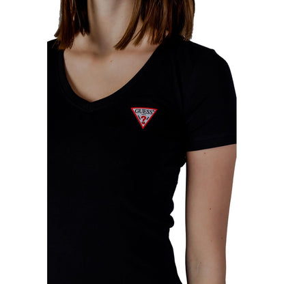 Guess Black Cotton T-Shirt with mini Guess Triangle logo and short sleeves, showcasing a modern feminine V-neck design for women.