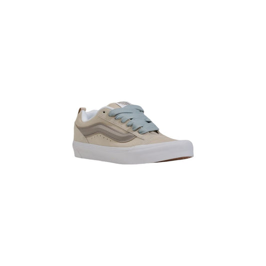 Vans Beige Leather Sneaker with light blue laces, featuring a durable rubber sole for comfort and style. Ideal for everyday wear.