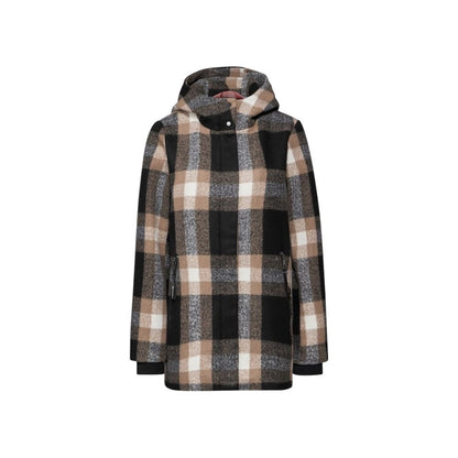 Street One Beige Polyester Coat with modern check pattern and hood, offering style and thermal insulation for the cold season.
