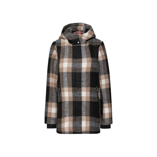 Street One Beige Polyester Coat with modern check pattern and hood, offering style and thermal insulation for the cold season.