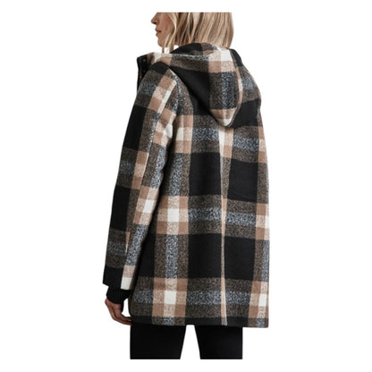 Woman wearing a checkered Street One Beige Polyester Coat, rear view, showing the hood and modern design.