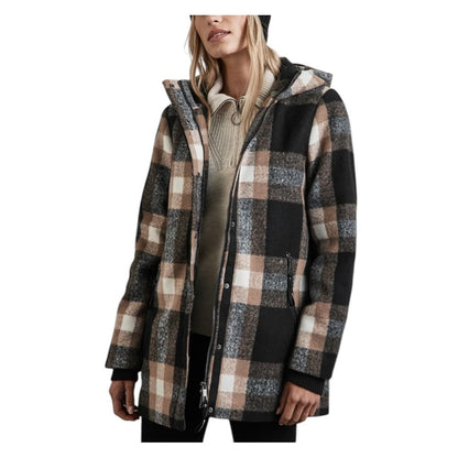 Woman wearing a Street One Beige Polyester Coat with check pattern, showing front zip and snap button closure, ideal for stylish winter outfits.
