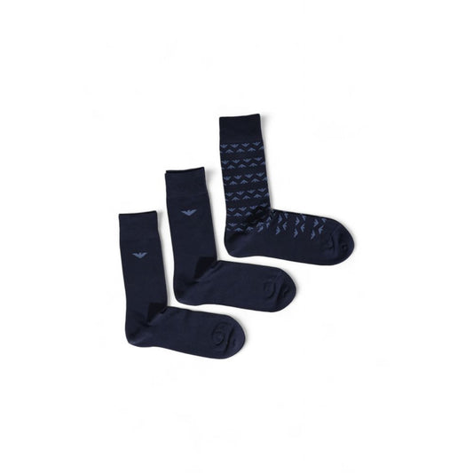 Three pairs of Emporio Armani Underwear Blue Cotton Socks in navy with subtle logo patterns, ideal for casual and formal wear.