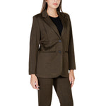 Woman wearing ICHI Green Polyester Blazer with a modern oversized fit and jacquard texture, featuring two-button closure and classic lapel.