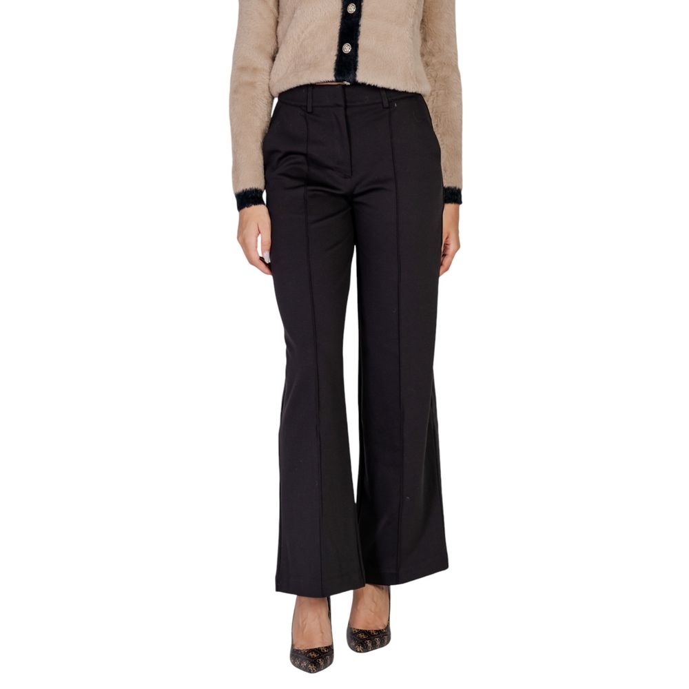 ICHI Black Polyester Pant - Women's sophisticated palazzo trousers with wide-leg design, crafted from polyester blend for comfort and style.
