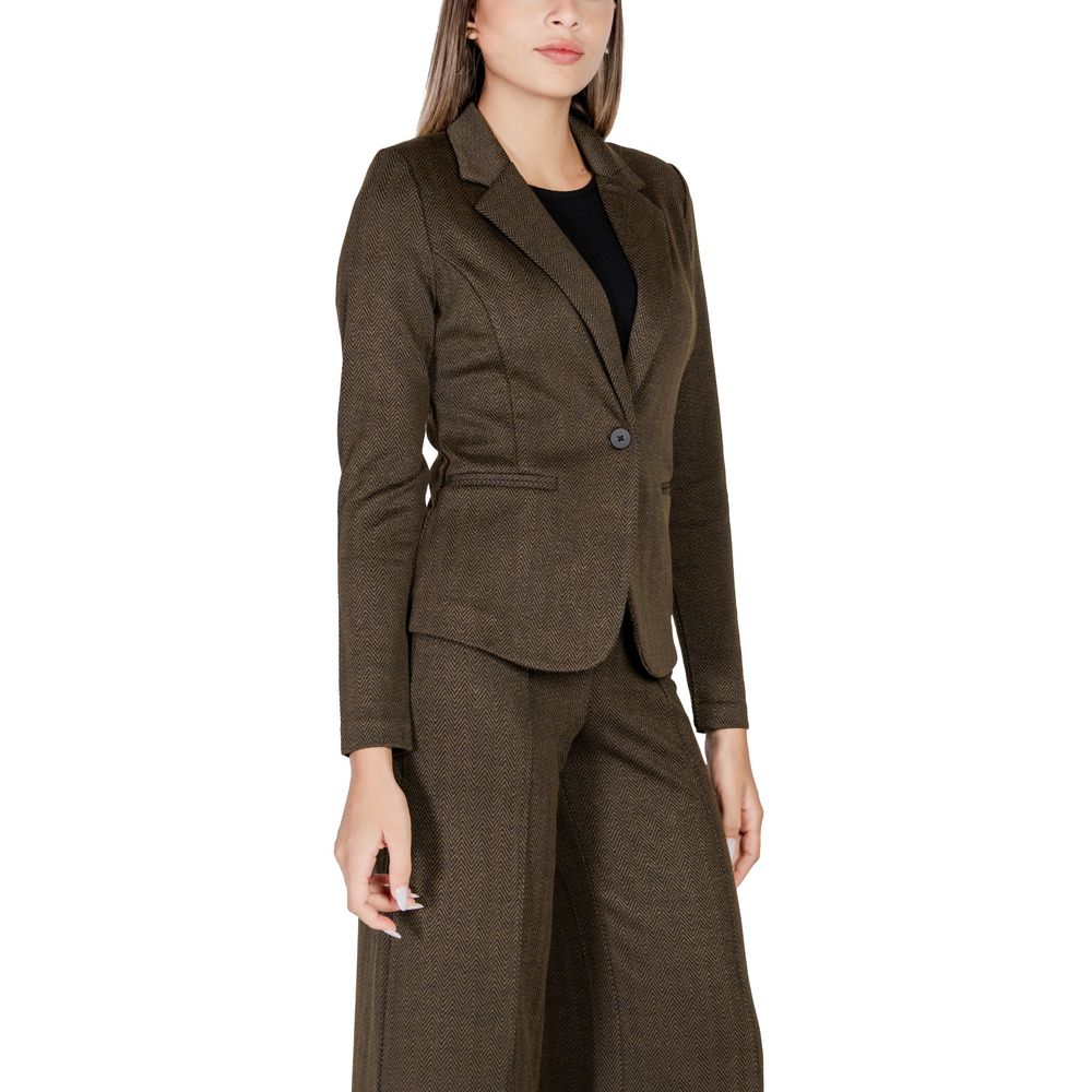ICHI Green Polyester Blazer with feminine, structured silhouette and jacquard fabric, perfect for elegant versatility.