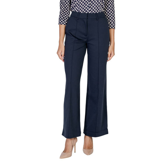 ICHI Blue Polyester Pant, high-quality women’s palazzo trousers, wide-leg design, comfortable stretch, elegant and versatile style.