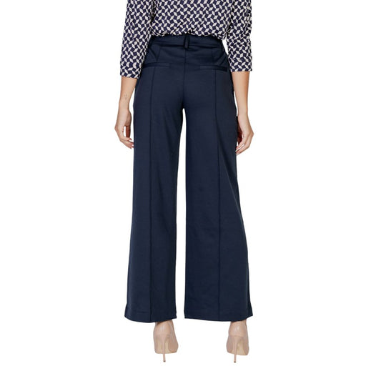 Back view of ICHI Blue Polyester Pant showcasing wide-leg design, elegant and contemporary style for sophisticated women's fashion.