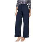 Woman wearing ICHI Blue Polyester Pant with wide-leg design and elegant fit, ideal for office wear and versatile styling.