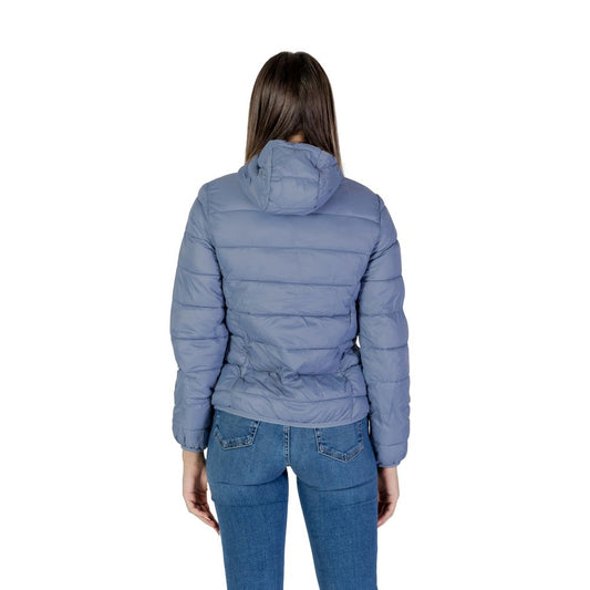 Back view of woman wearing B.Young Blue Nylon Jackets & Coat showcasing quilted design and hood.
