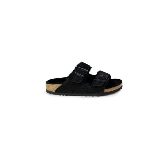 Birkenstock Black Suede Leather Slippers with double strap and shearling lining, side view