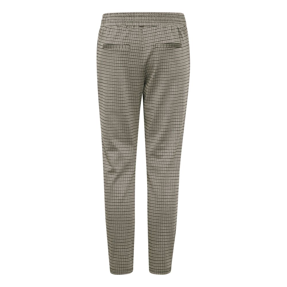 Rear view of ICHI Beige Polyester Casual Pants showcasing tapered cut, flat waistband, and checkered pattern design.
