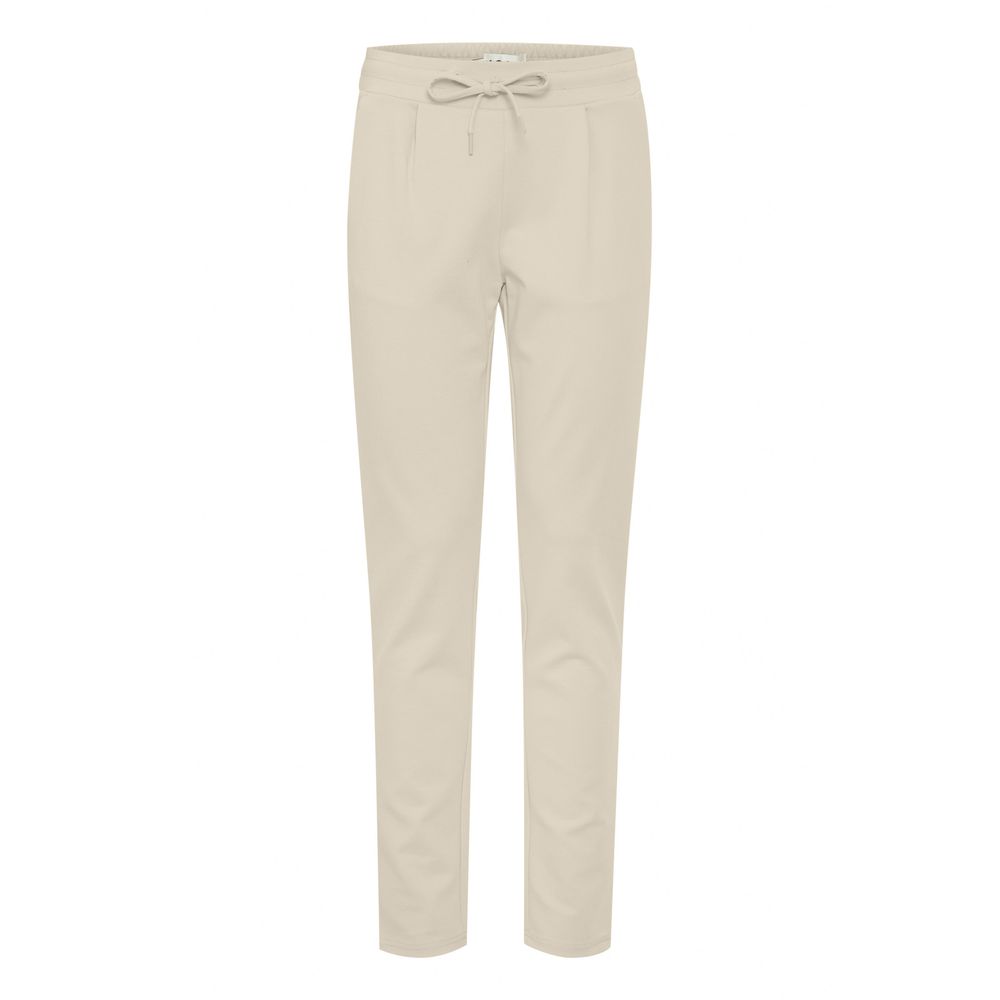 ICHI Beige Polyester Pants with elastic waistband and drawstring, featuring front pleats and a slim fit for modern women.