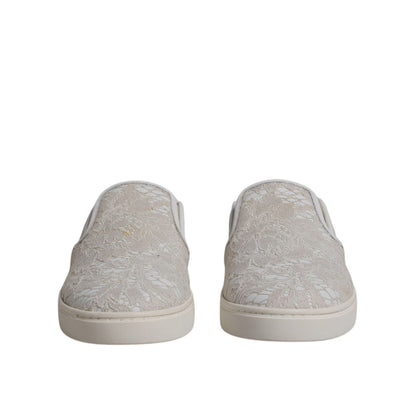 Dolce & Gabbana White Floral Lace Slip On Loafers Shoes