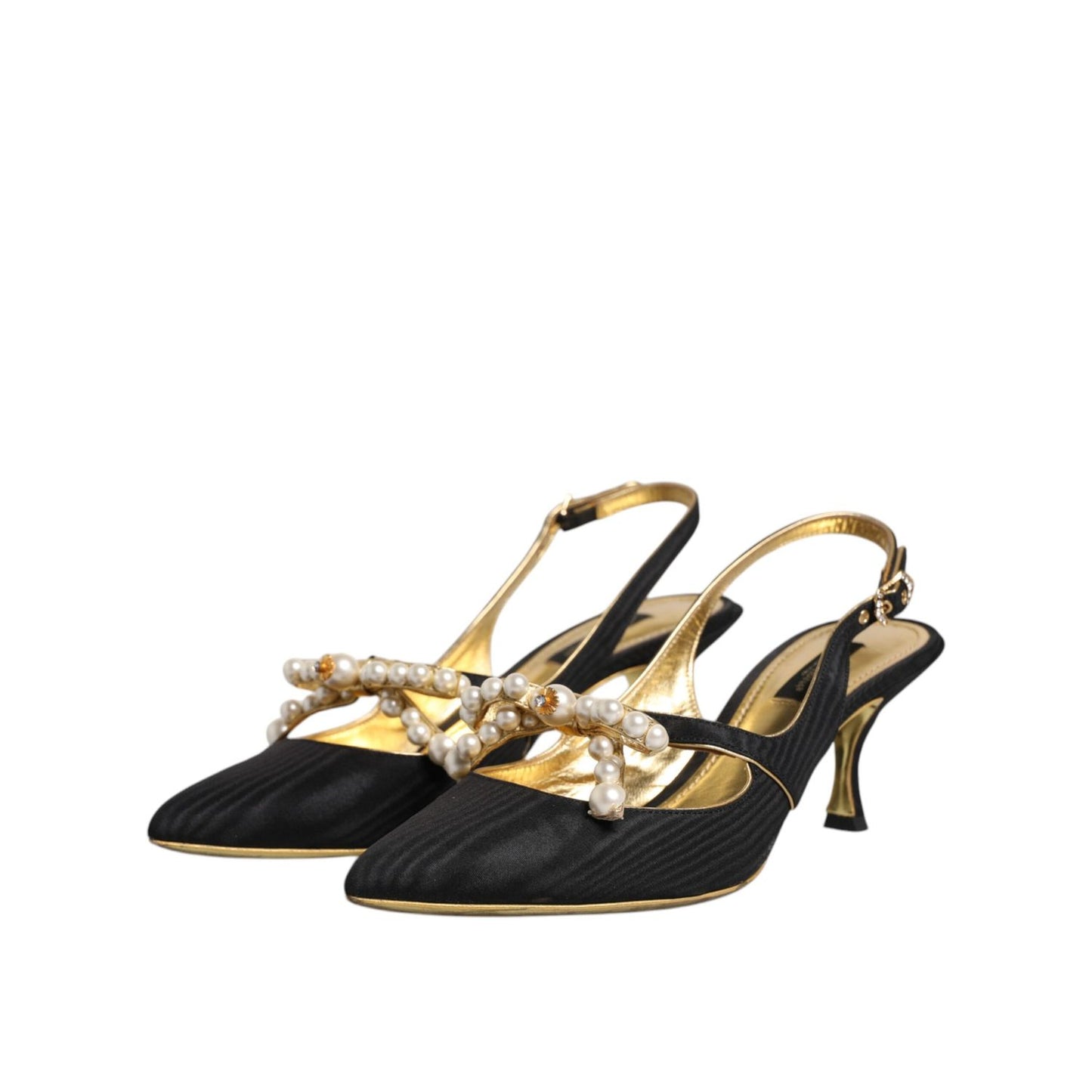 Dolce & Gabbana Black Leather Faux Pearls Slingbacks Shoes