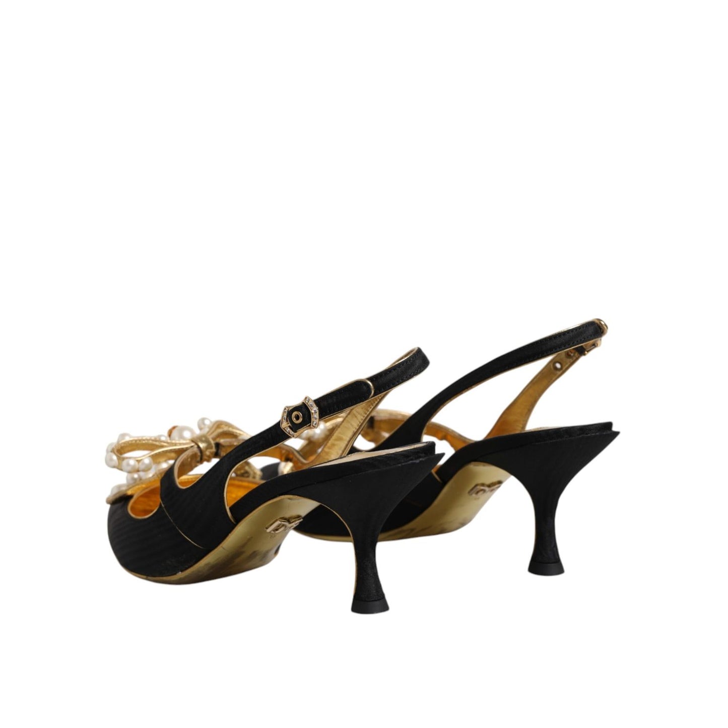 Dolce & Gabbana Black Leather Faux Pearls Slingbacks Shoes