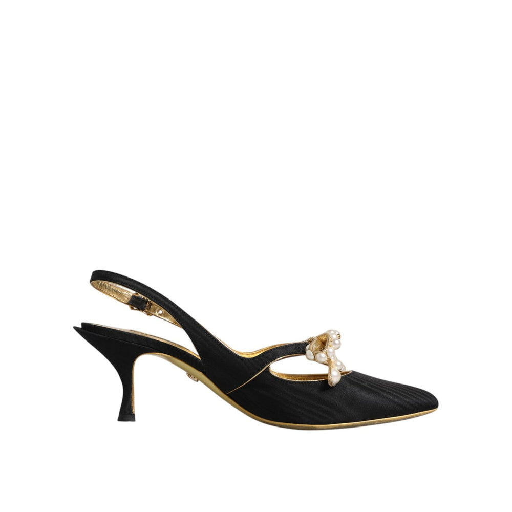 Dolce & Gabbana Black Leather Faux Pearls Slingbacks Shoes