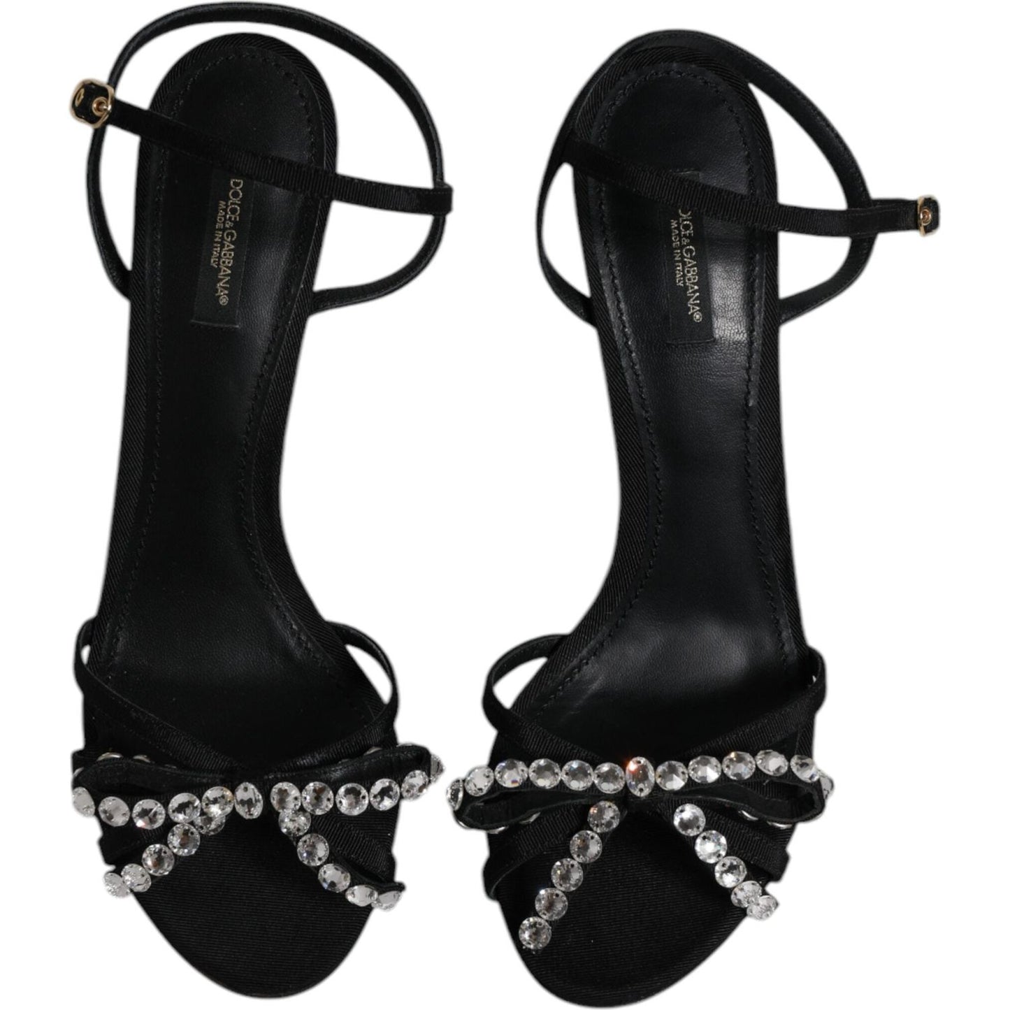 Dolce & Gabbana Black Leather Crystal Heels Sandals Shoes LA12023-41