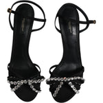 Dolce & Gabbana Black Leather Crystal Heels Sandals Shoes LA12023-41