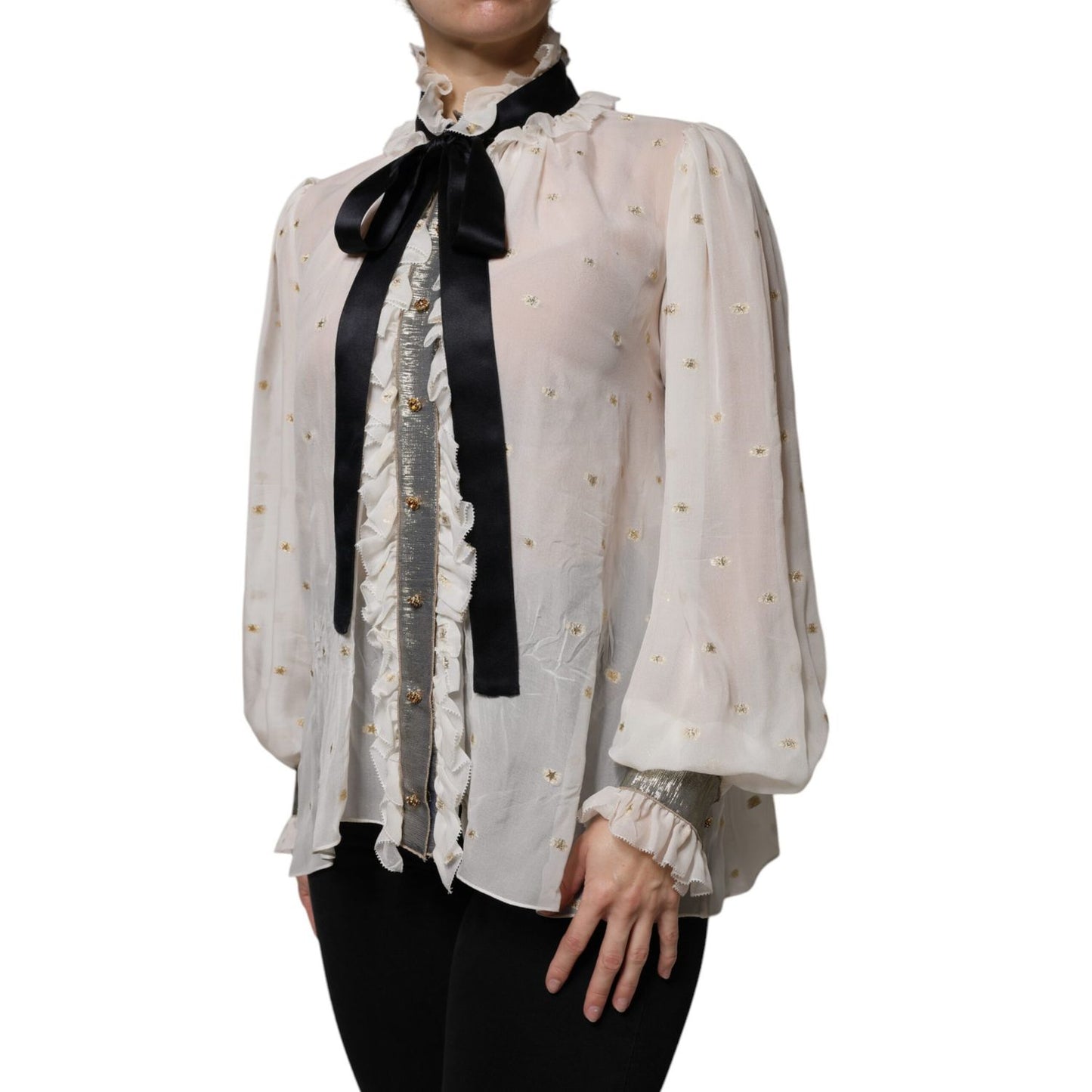 Dolce & Gabbana Off White Silk Blend Ascot Collar Blouse Top TSH86769-40