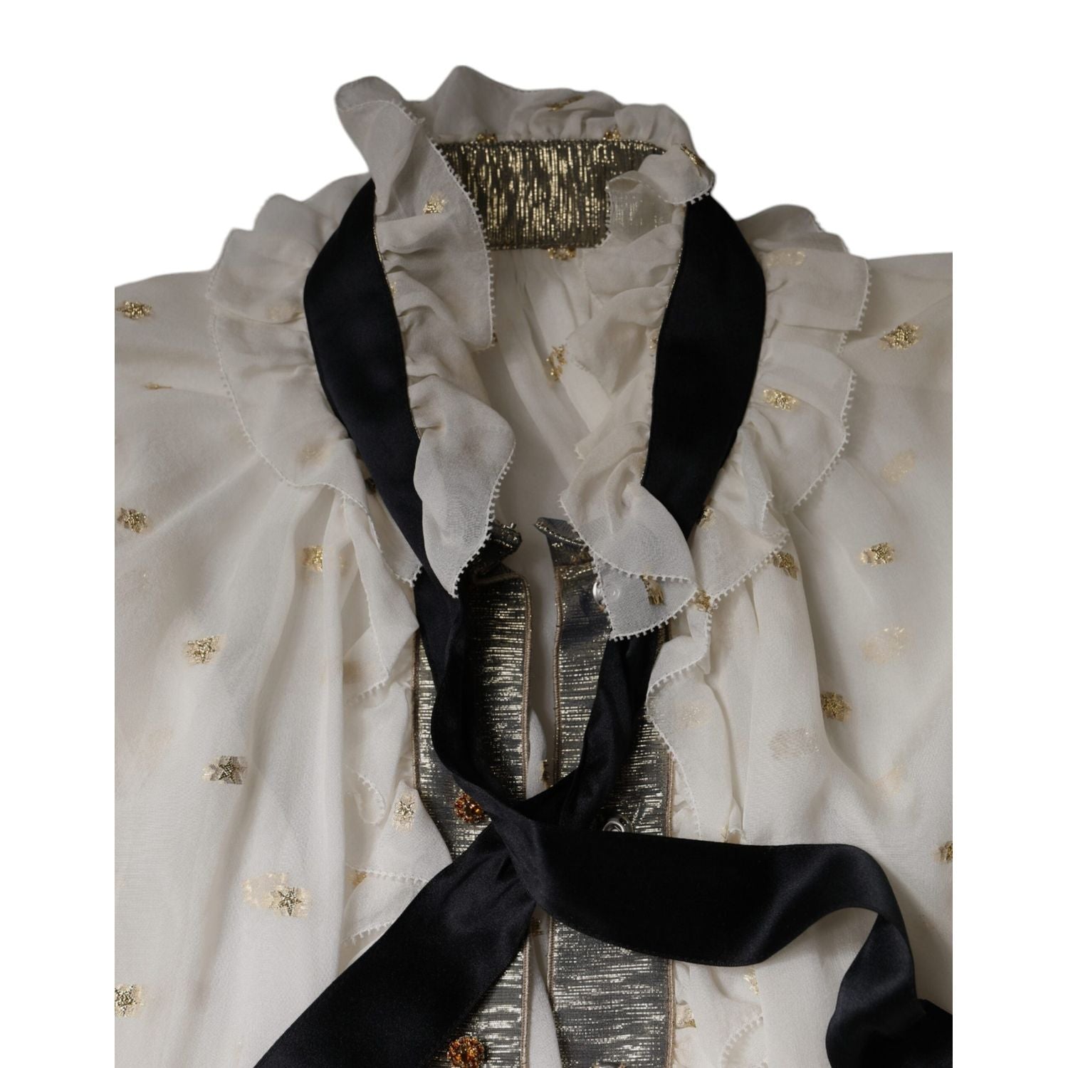 Dolce & Gabbana Off White Silk Blend Ascot Collar Blouse Top