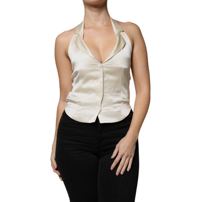 L'Autre Chose Off White Silk Sleeveless Buttoned Halter Top