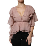 Alberta Ferretti Brown Silk Short Sleeves V-neck Pleated Top TSH86782-40
