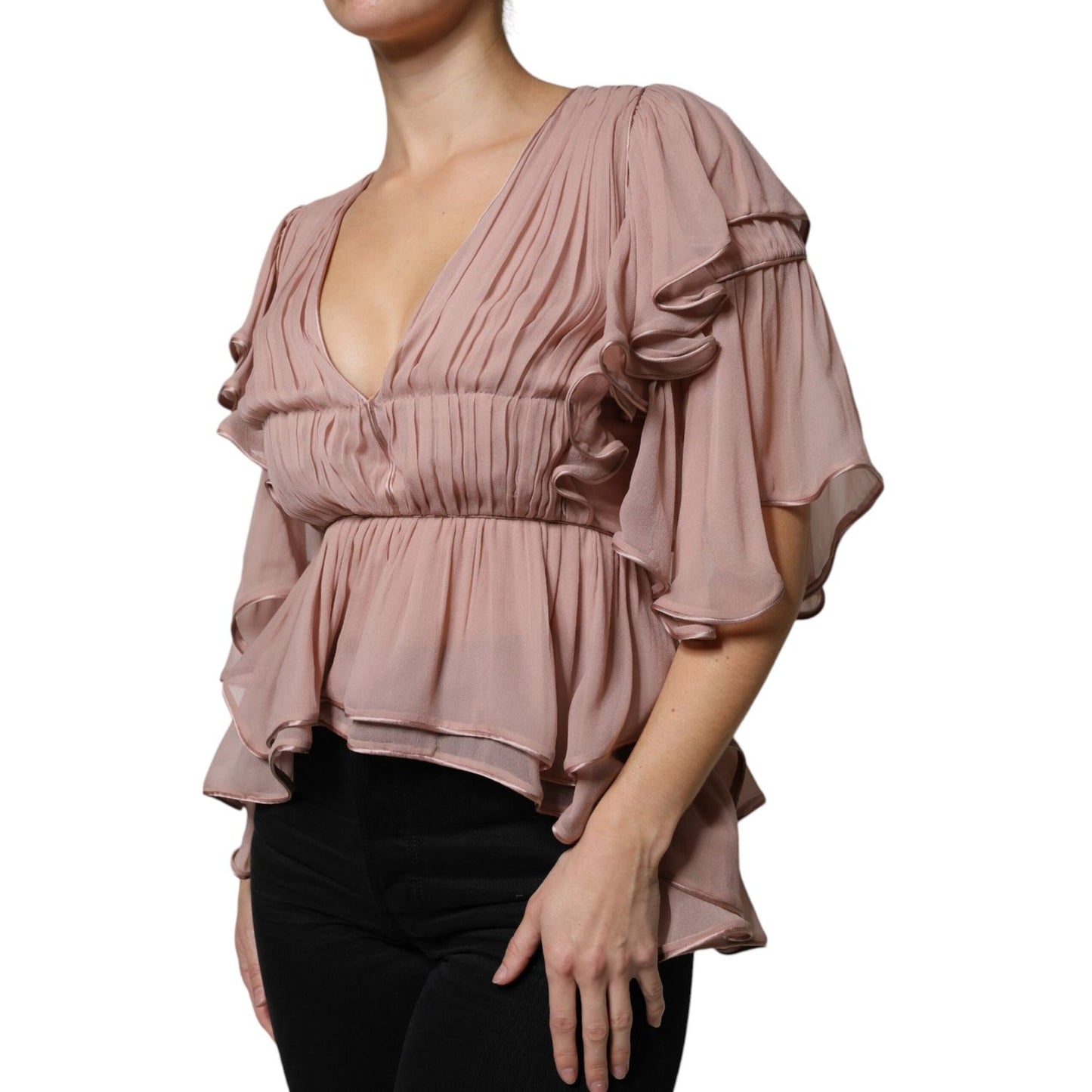 Alberta Ferretti Brown Silk Short Sleeves V-neck Pleated Top TSH86782-40