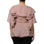 Alberta Ferretti Brown Silk Short Sleeves V-neck Pleated Top TSH86782-40