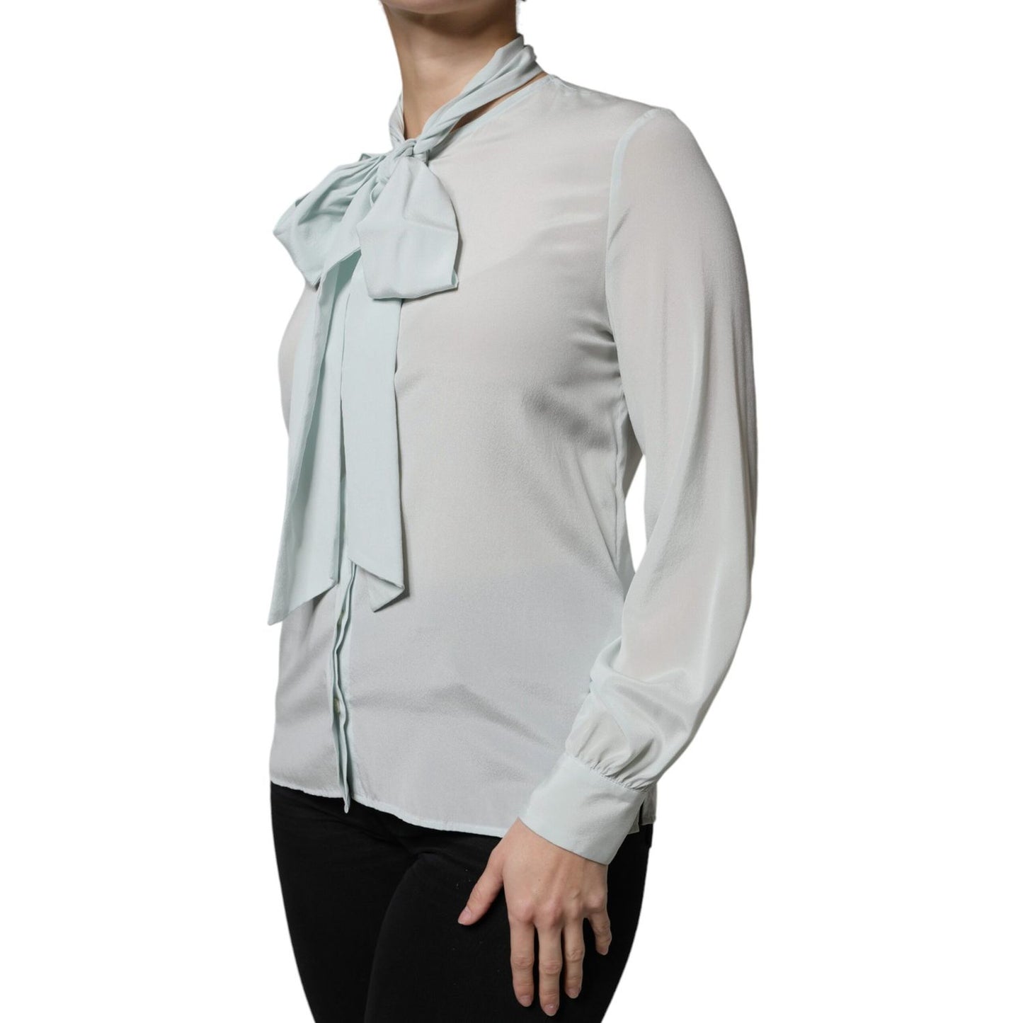 Ballantyne Light Blue Silk Ascot Collared Long Sleeves Top TSH86786-40