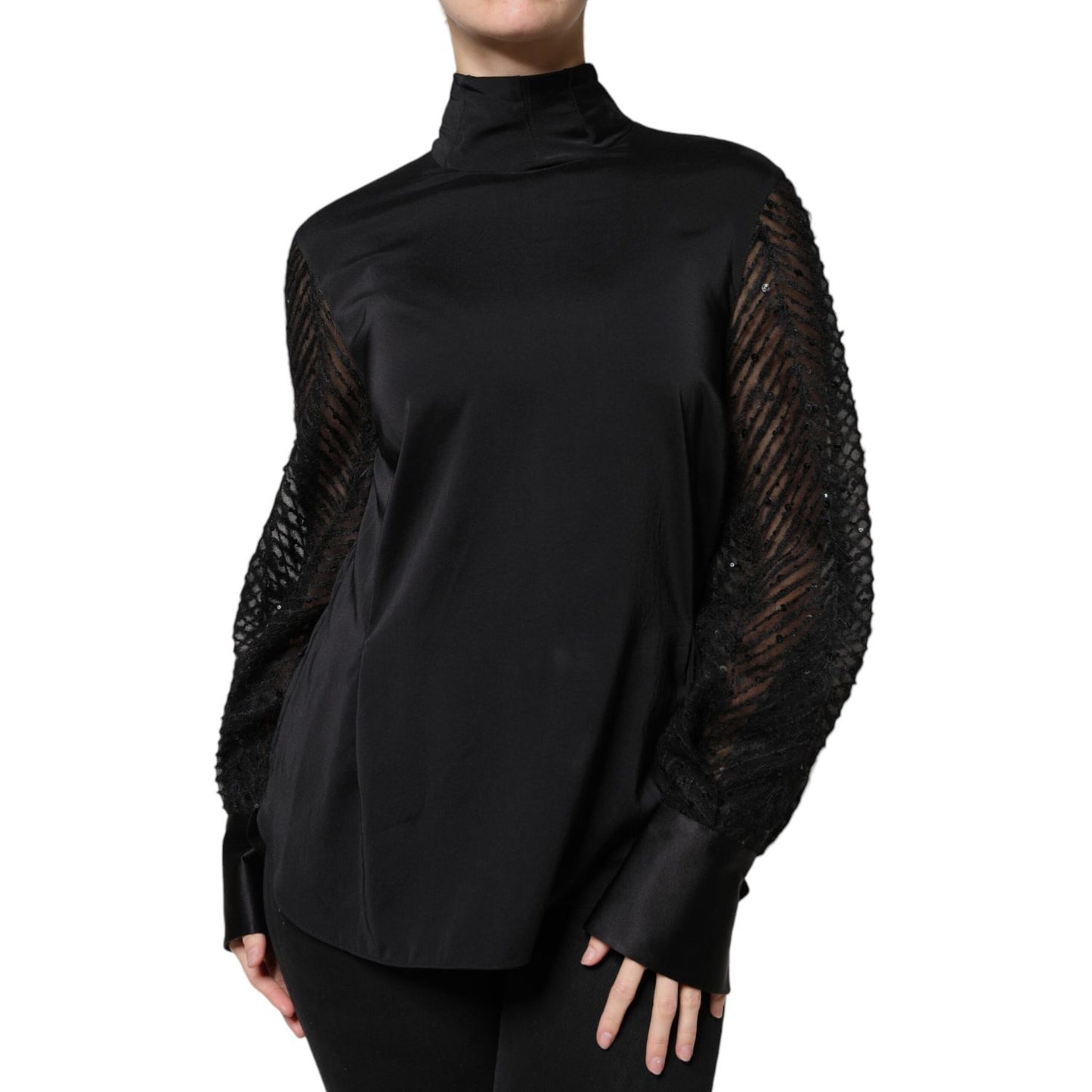 Brunello Cucinelli Black Silk Blend Long Sleeves Blouse Top TSH86798-44