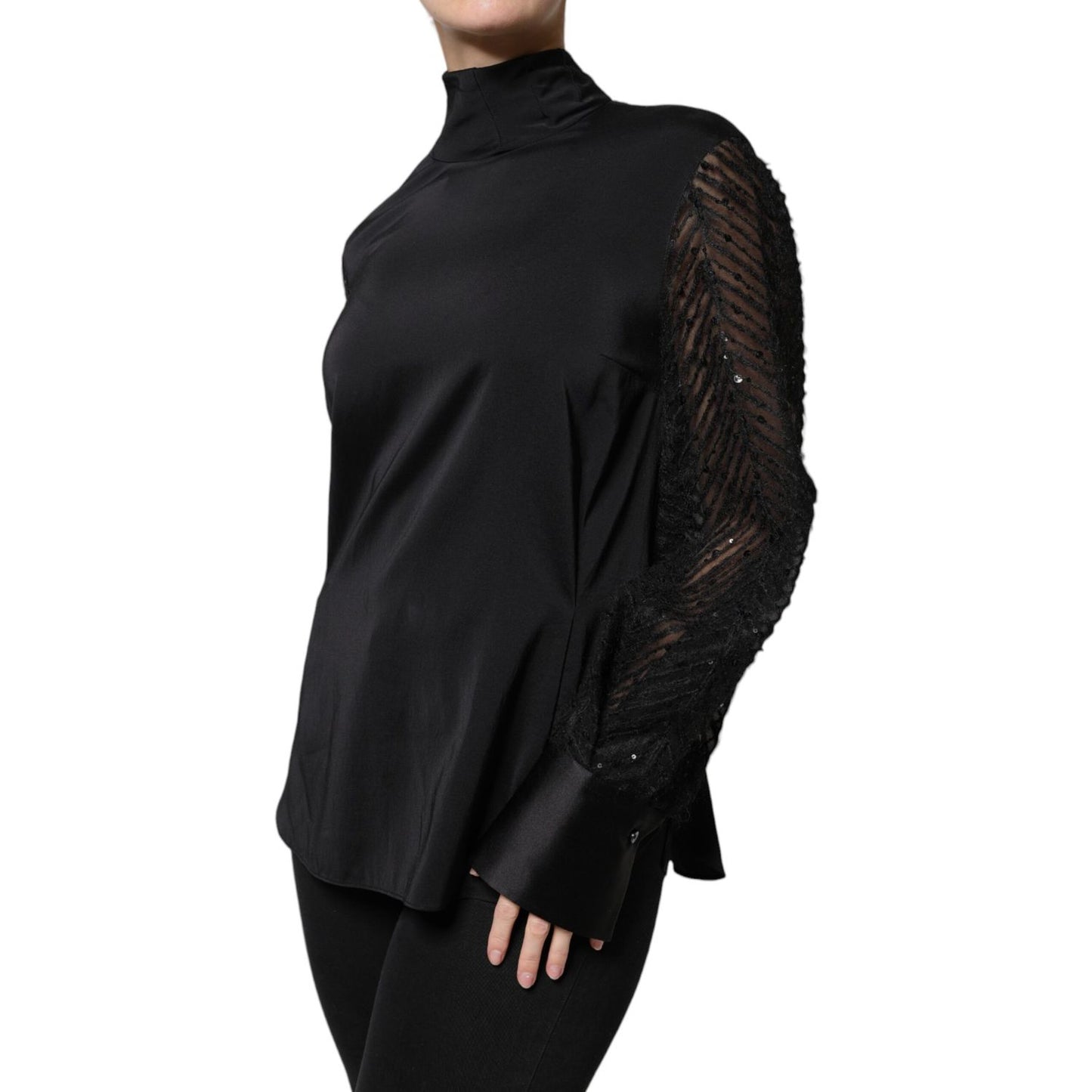 Brunello Cucinelli Black Silk Blend Long Sleeves Blouse Top TSH86798-44