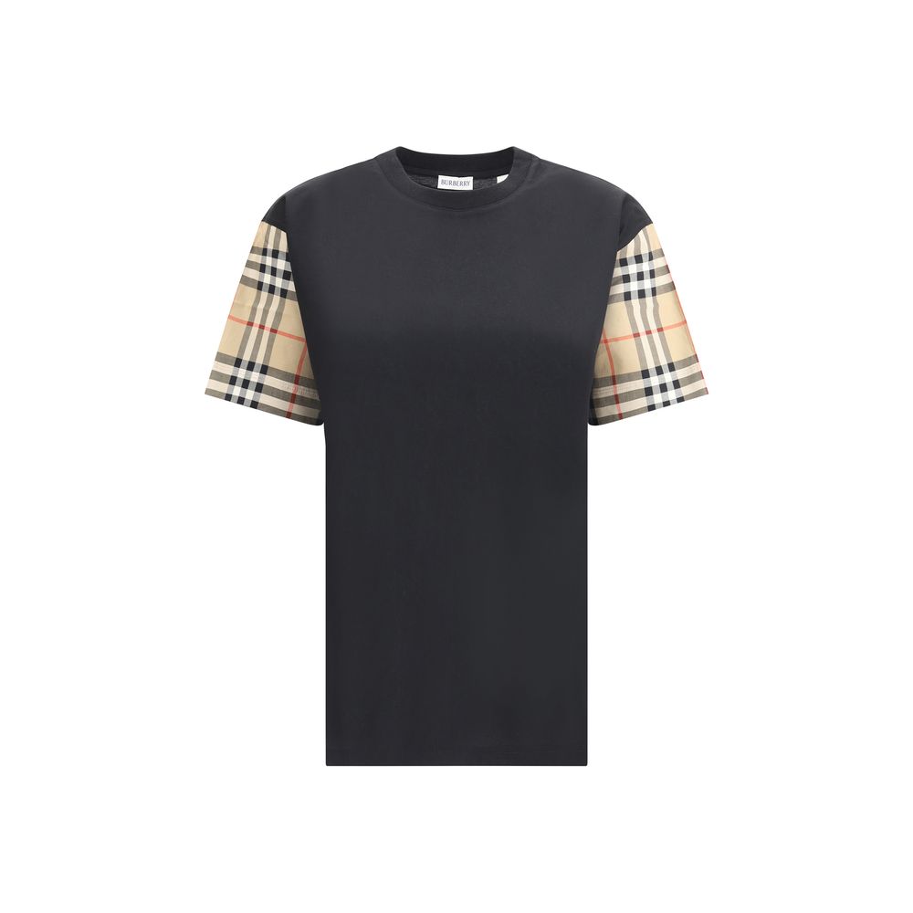 Front view of Burberry Check Archive Sleeve T-shirt with iconic Archivio Check pattern on sleeves, showcasing ribbed collar and chic design.